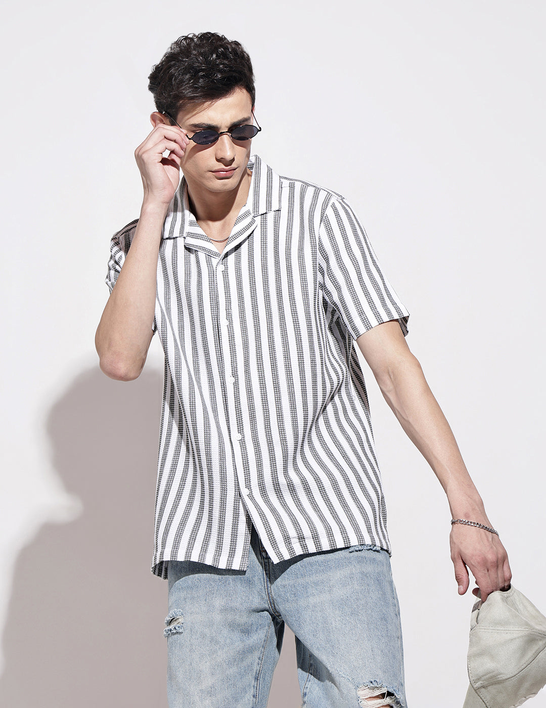 Men's Striped White Short Sleeve Relaxed Fit Cuban Collar Shirt