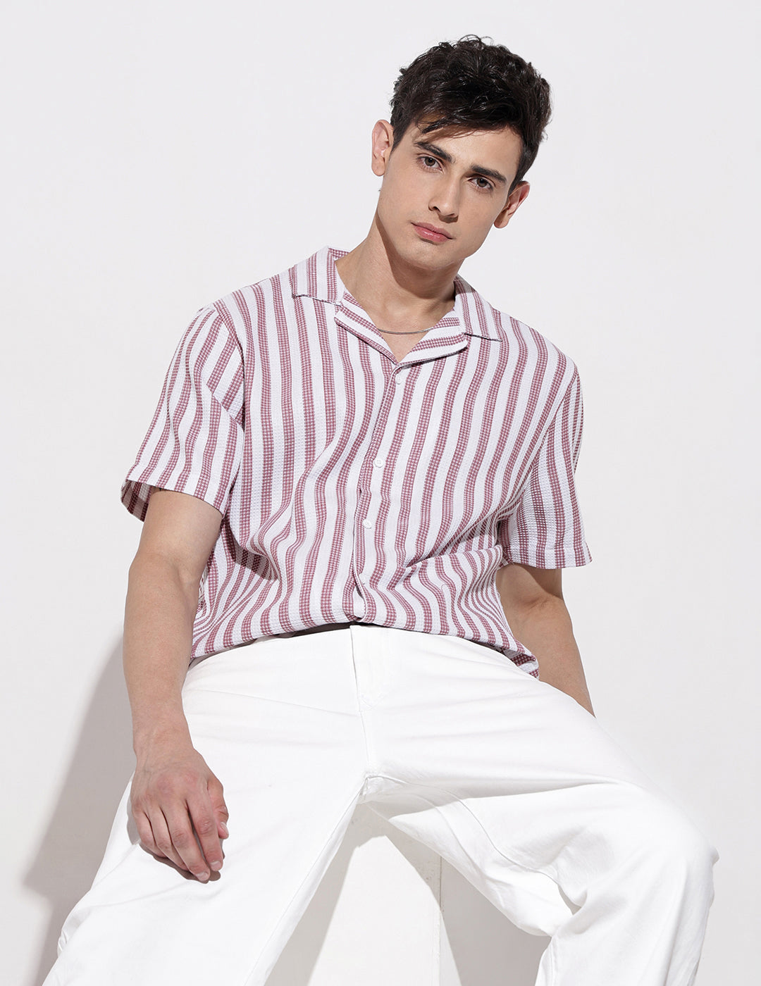 Men's Striped Pink Short Sleeve Relaxed Fit Cuban Collar Shirt