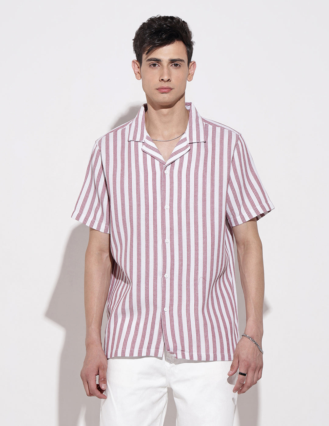 Men's Striped Pink Short Sleeve Relaxed Fit Cuban Collar Shirt