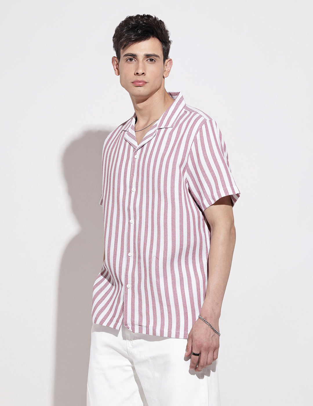 Men's Striped Pink Short Sleeve Relaxed Fit Cuban Collar Shirt