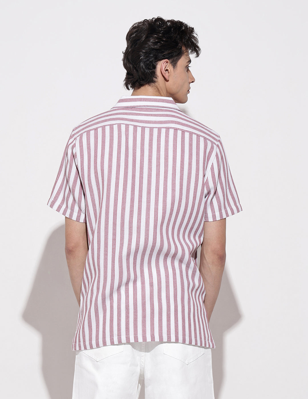 Men's Striped Pink Short Sleeve Relaxed Fit Cuban Collar Shirt