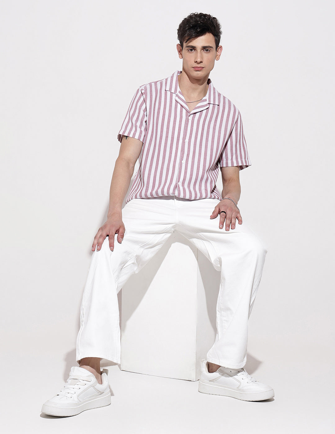 Men's Striped Pink Short Sleeve Relaxed Fit Cuban Collar Shirt