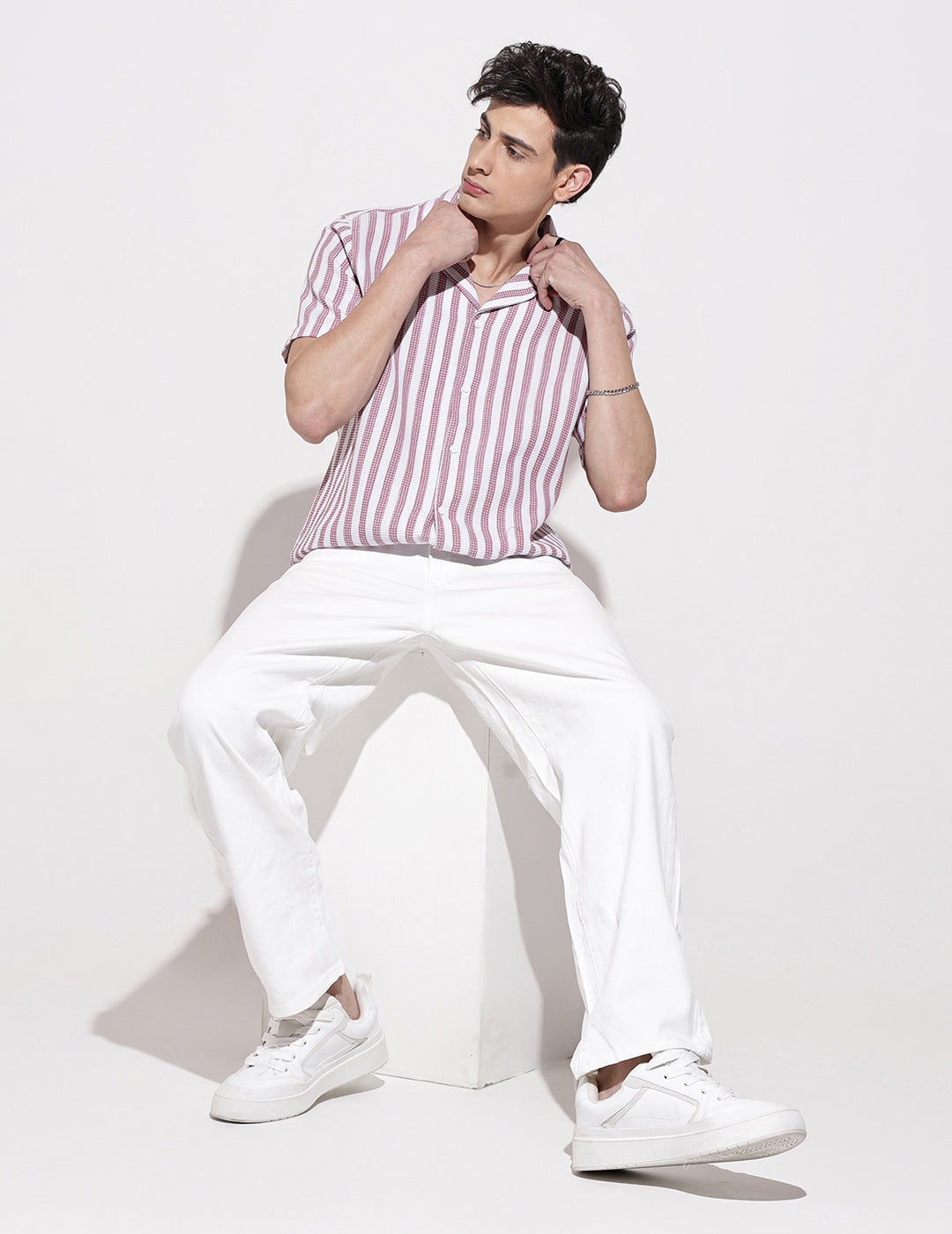 Men's Striped Pink Short Sleeve Relaxed Fit Cuban Collar Shirt