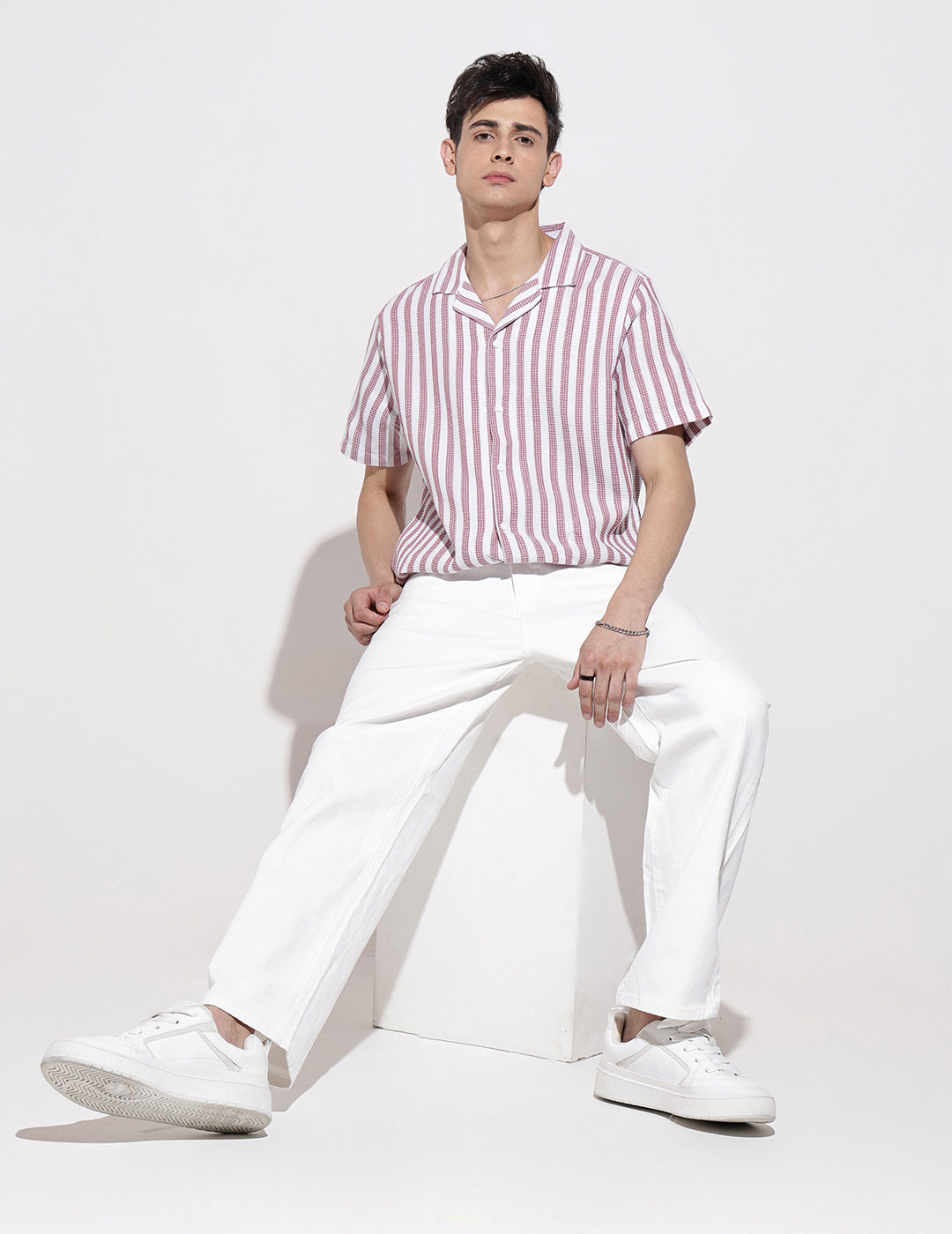 Men's Striped Pink Short Sleeve Relaxed Fit Cuban Collar Shirt