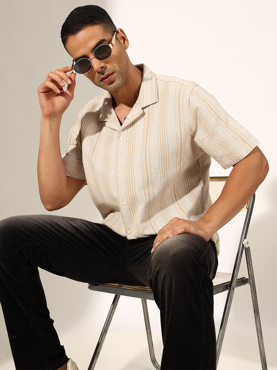 Men's Striped Beige Half Sleeve Cuban Collar Shirt