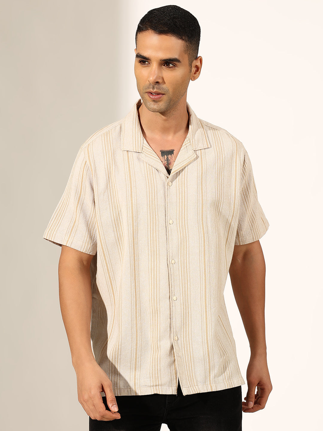 Men's Striped Beige Half Sleeve Cuban Collar Shirt