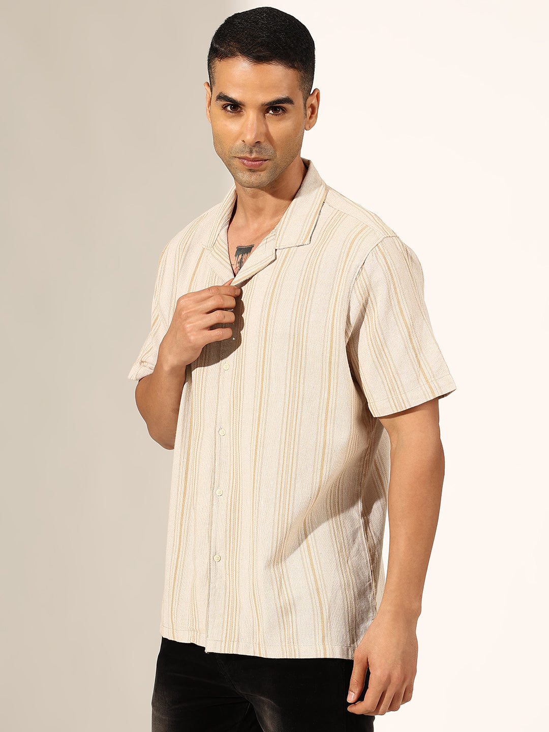 Men's Striped Beige Half Sleeve Cuban Collar Shirt
