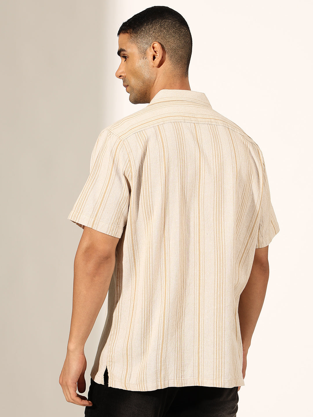 Men's Striped Beige Half Sleeve Cuban Collar Shirt