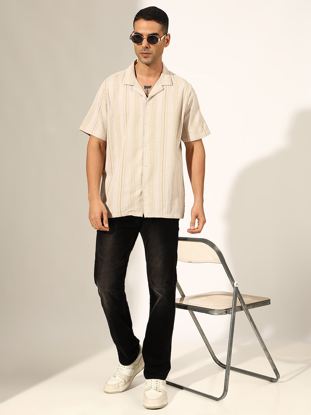 Men's Striped Beige Half Sleeve Cuban Collar Shirt