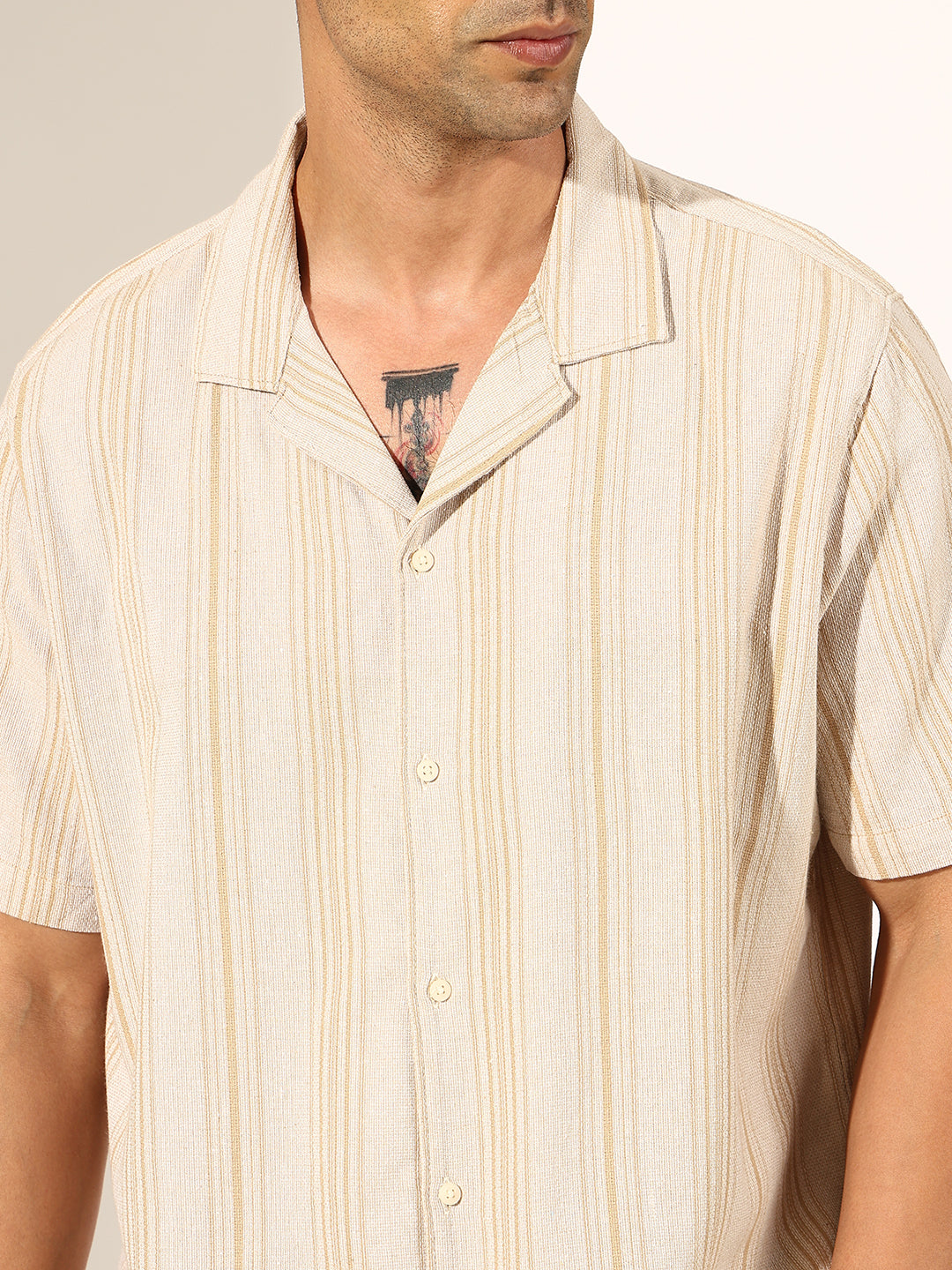 Men's Striped Beige Half Sleeve Cuban Collar Shirt
