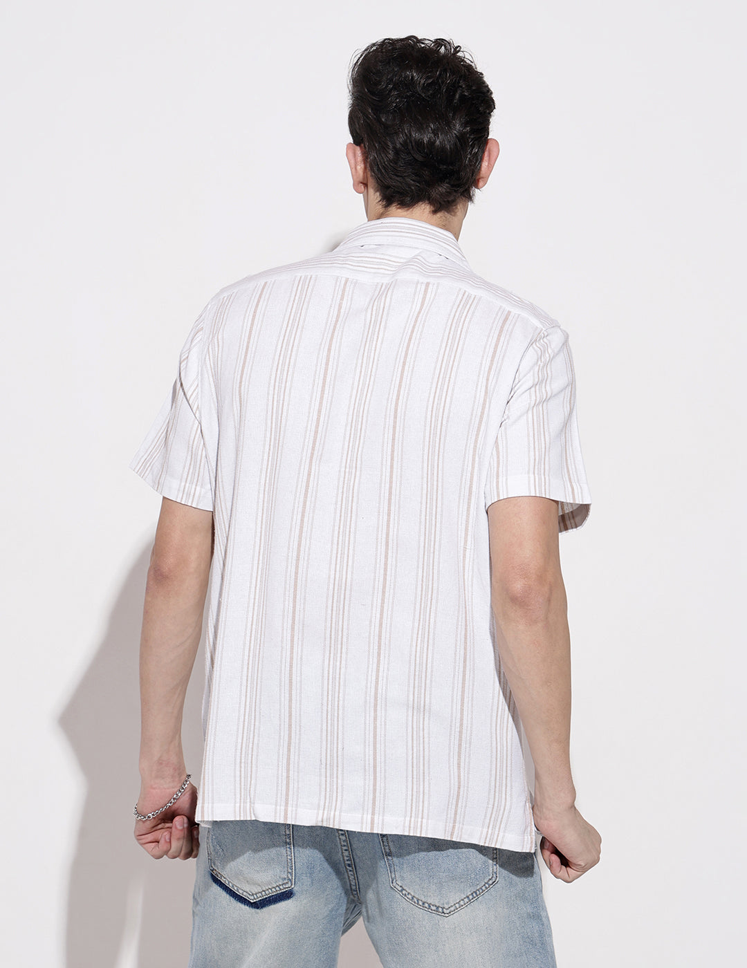 Men's Striped White Short Sleeve Relaxed Fit Cuban Collar Shirt