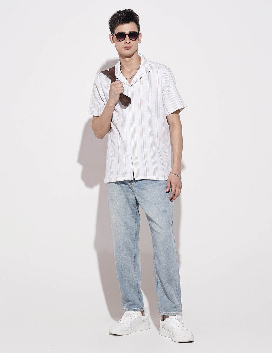 Men's Striped White Short Sleeve Relaxed Fit Cuban Collar Shirt