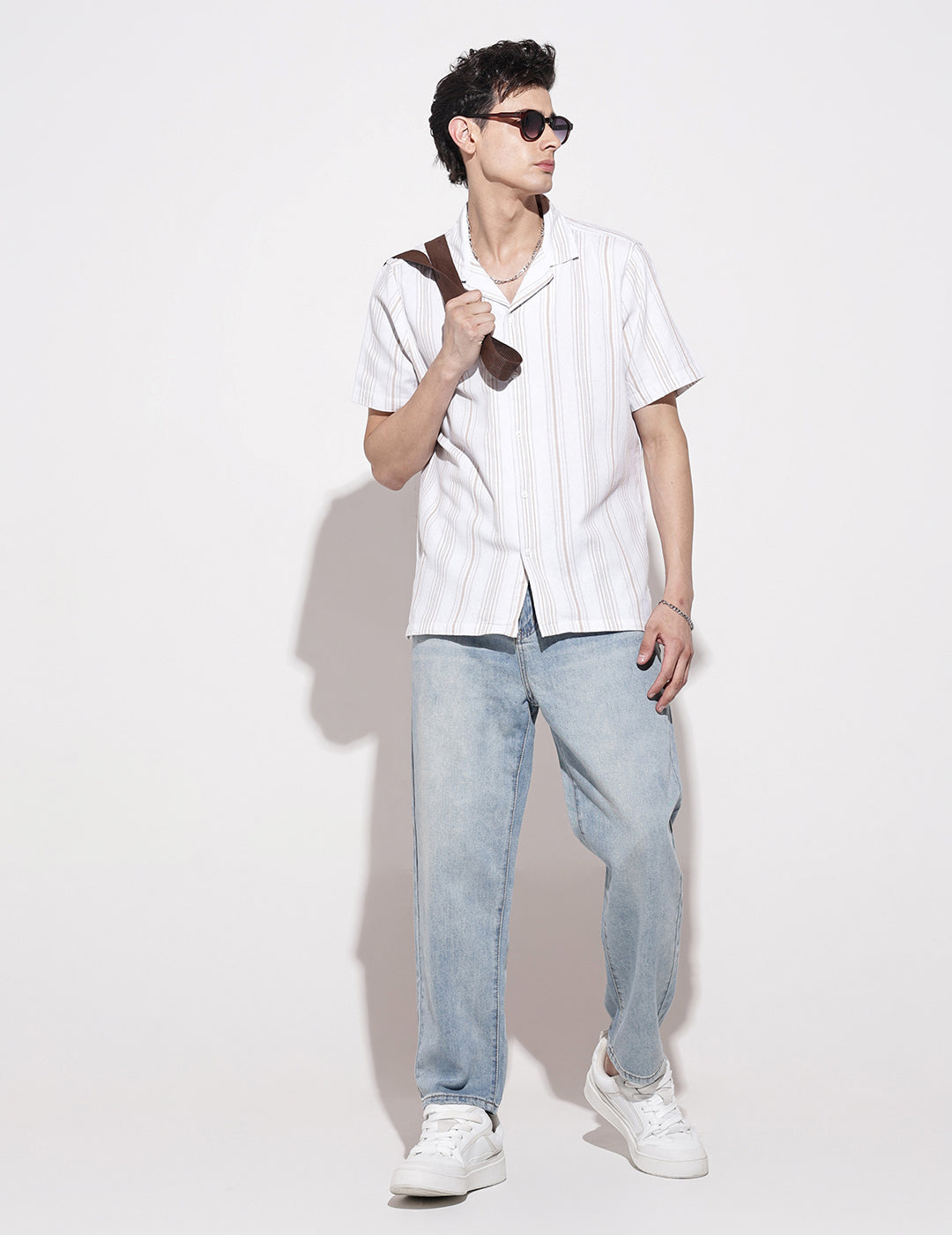 Men's Striped White Short Sleeve Relaxed Fit Cuban Collar Shirt