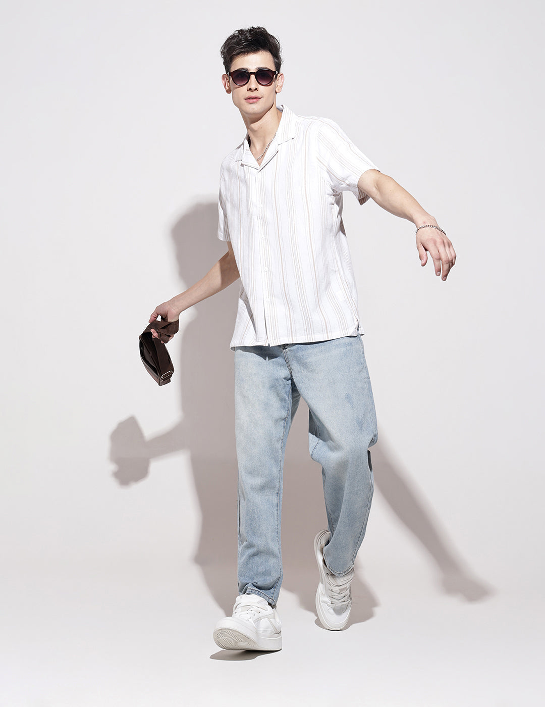 Men's Striped White Short Sleeve Relaxed Fit Cuban Collar Shirt