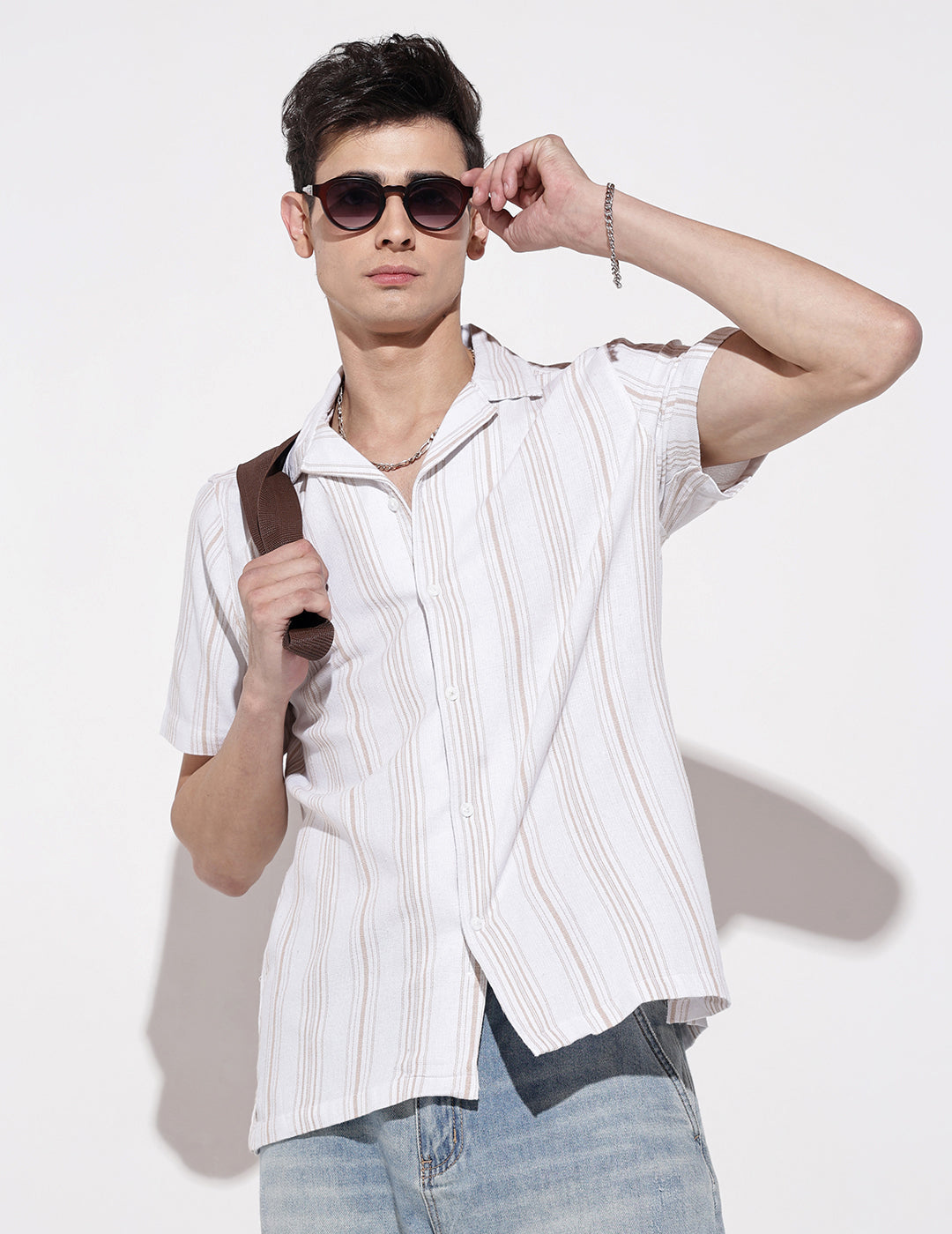 Men's Striped White Short Sleeve Relaxed Fit Cuban Collar Shirt