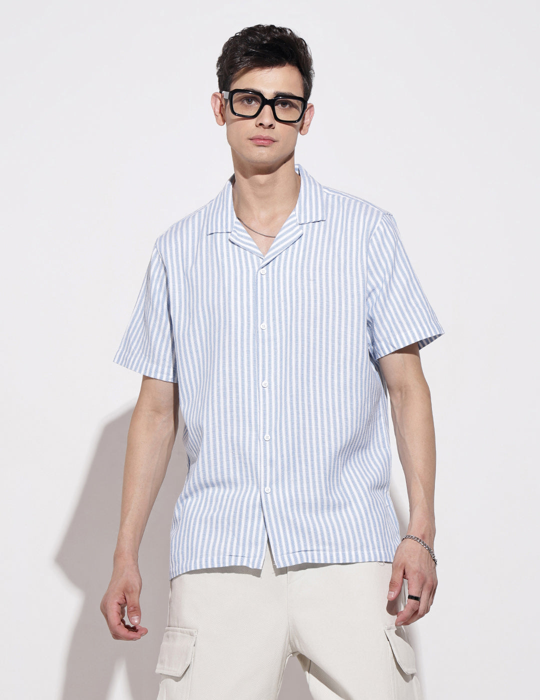 Men's Striped Blue Short Sleeve Relaxed Fit Cuban Collar Shirt