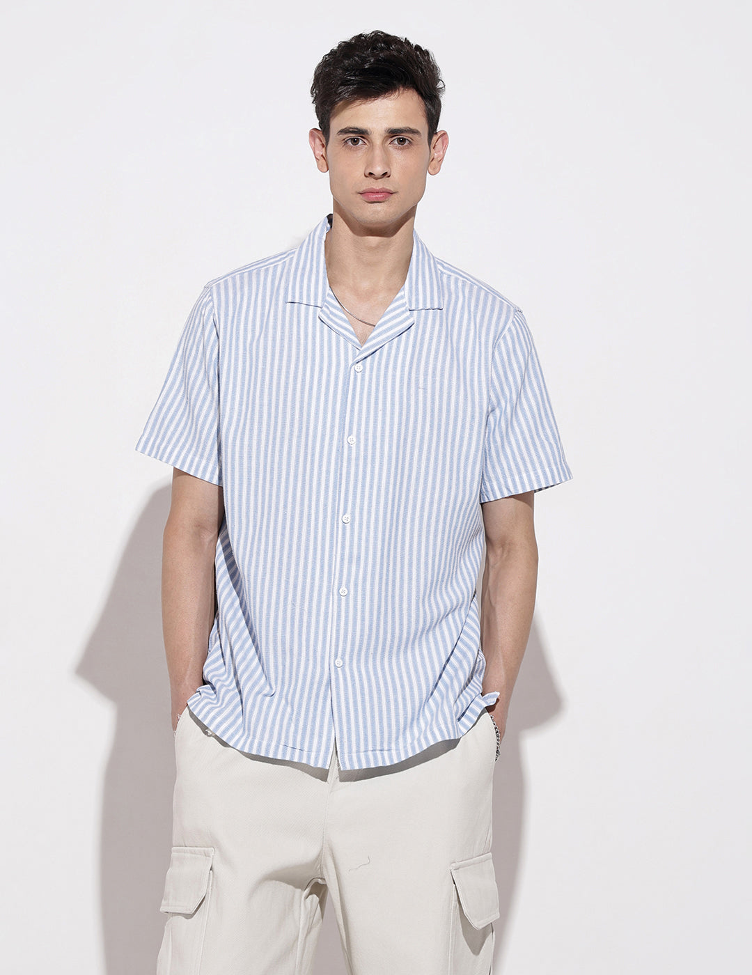 Men's Striped Blue Short Sleeve Relaxed Fit Cuban Collar Shirt