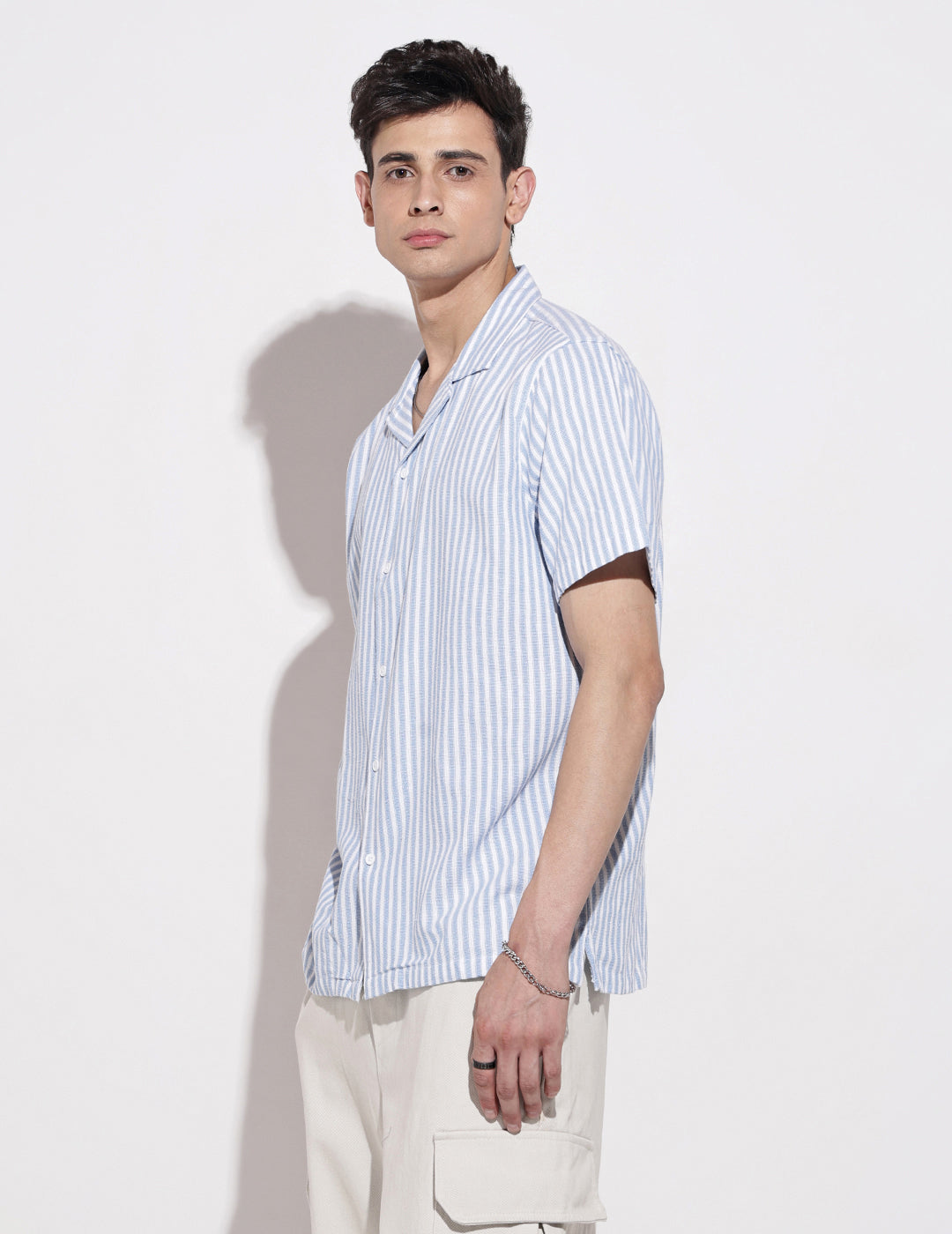 Men's Striped Blue Short Sleeve Relaxed Fit Cuban Collar Shirt