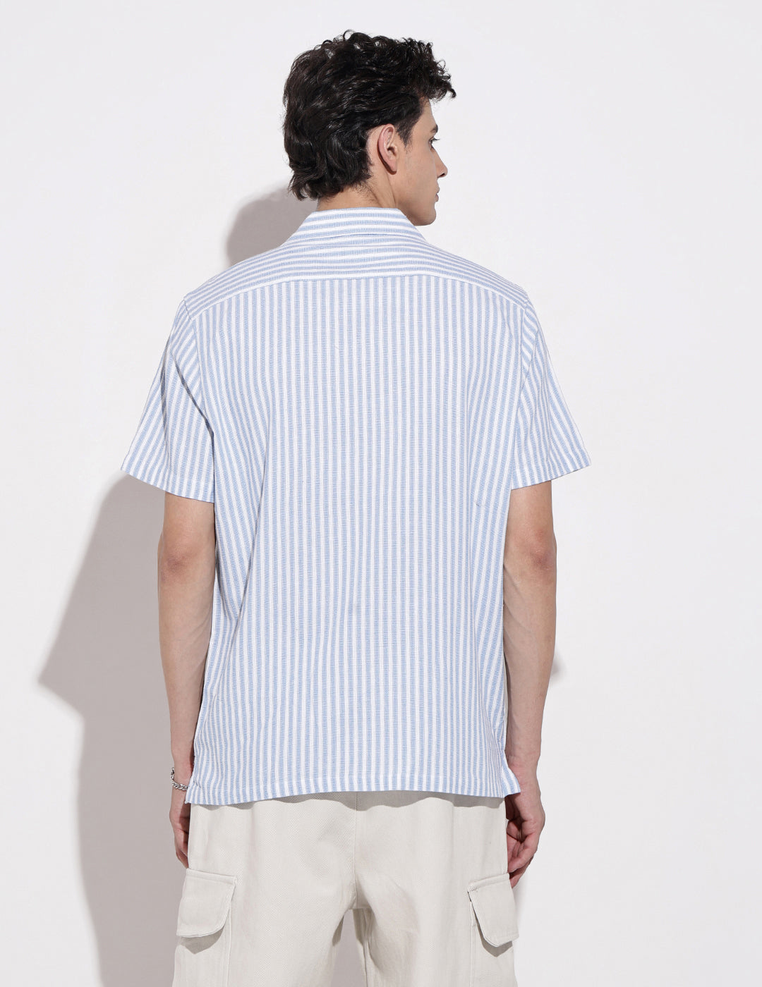 Men's Striped Blue Short Sleeve Relaxed Fit Cuban Collar Shirt