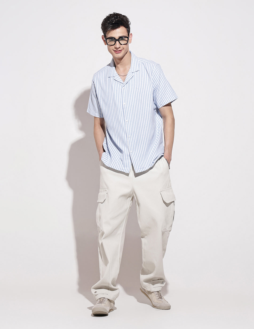 Men's Striped Blue Short Sleeve Relaxed Fit Cuban Collar Shirt