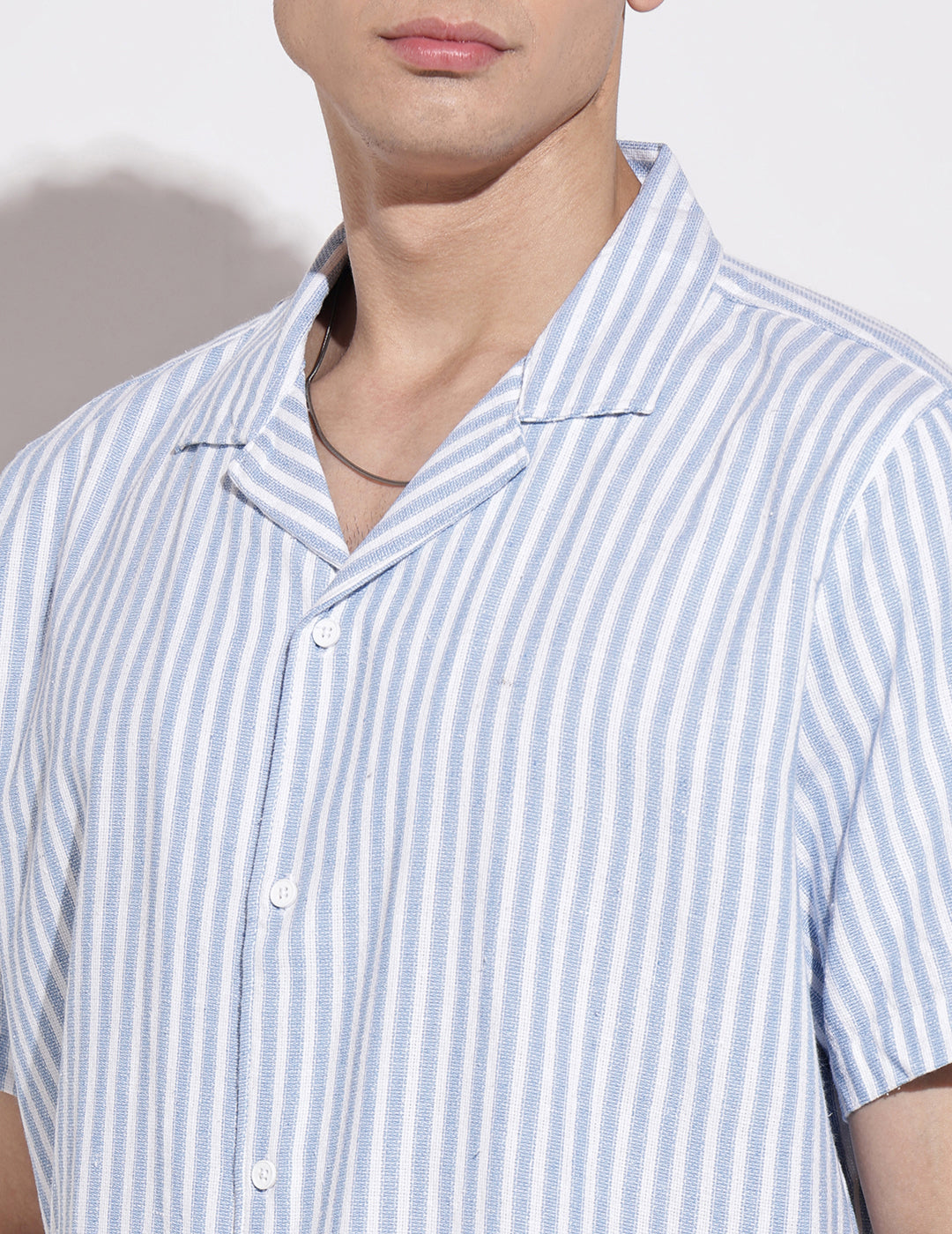 Men's Striped Blue Short Sleeve Relaxed Fit Cuban Collar Shirt