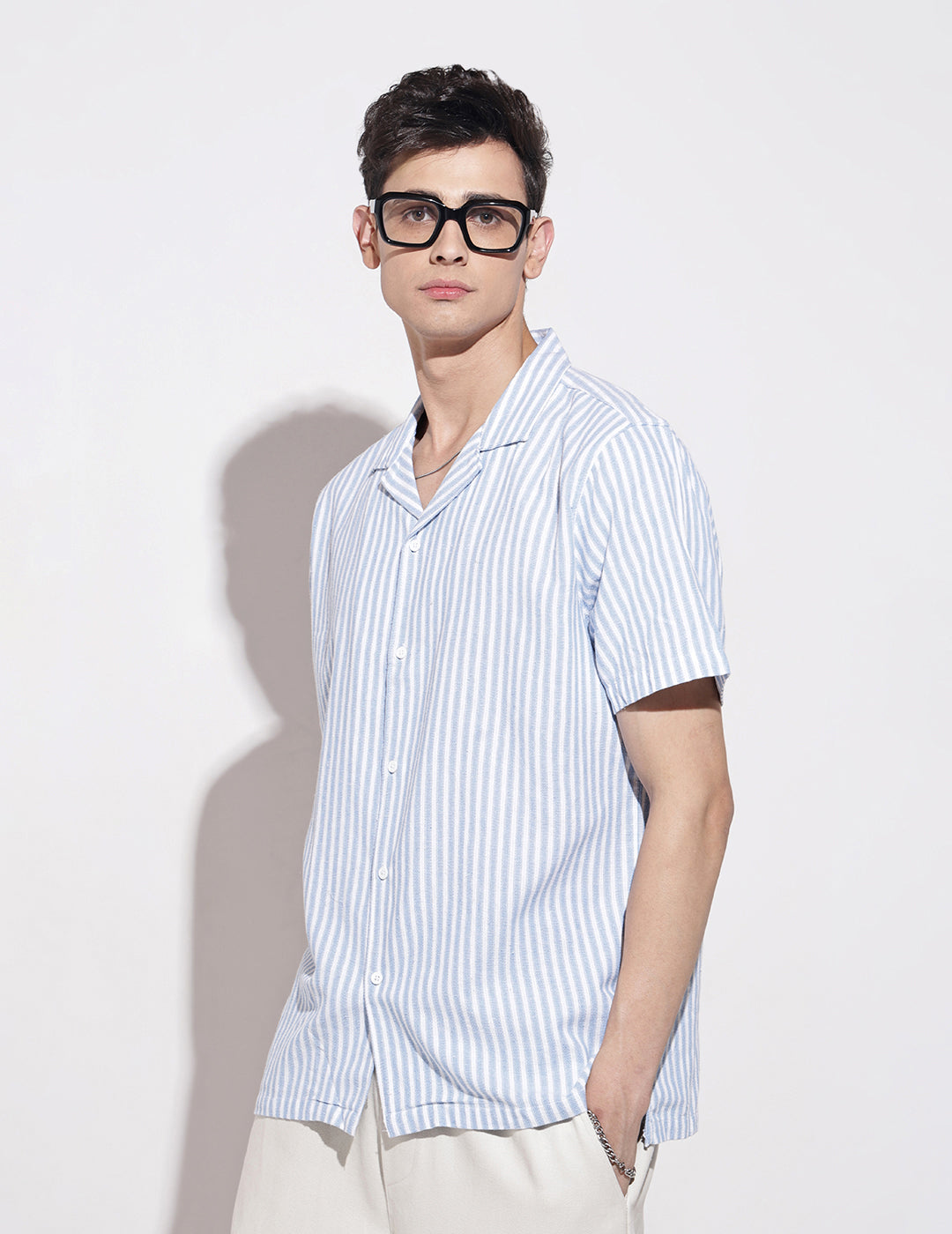 Men's Striped Blue Short Sleeve Relaxed Fit Cuban Collar Shirt