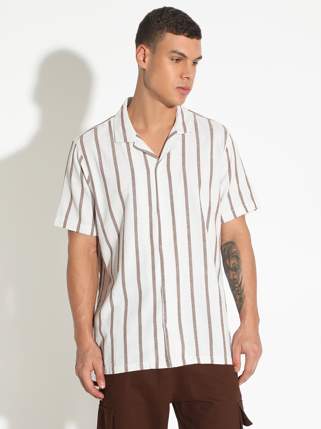 Men's Striped White Cuban Collar Short Sleeves Shirt