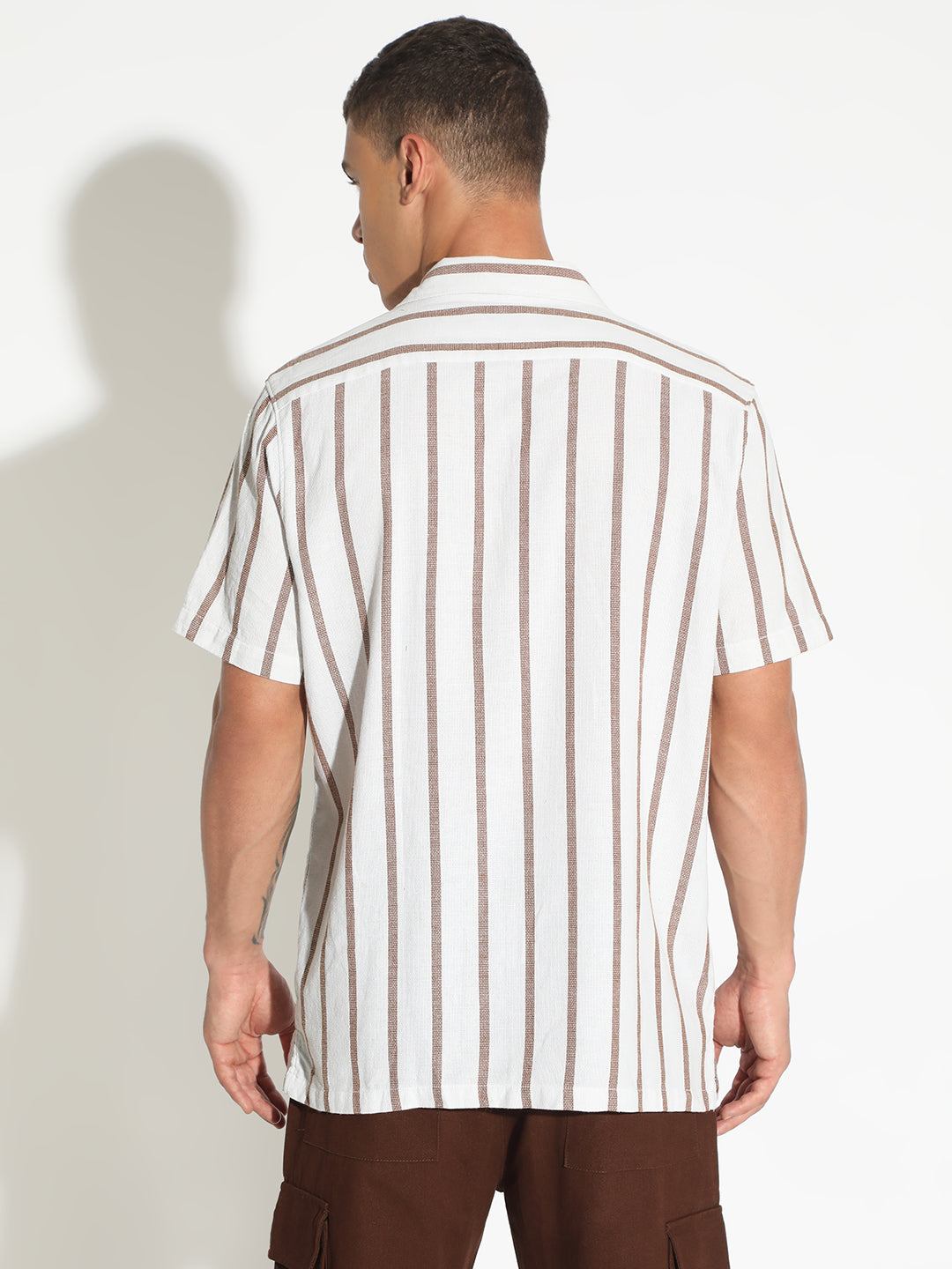 Men's Striped White Cuban Collar Short Sleeves Shirt