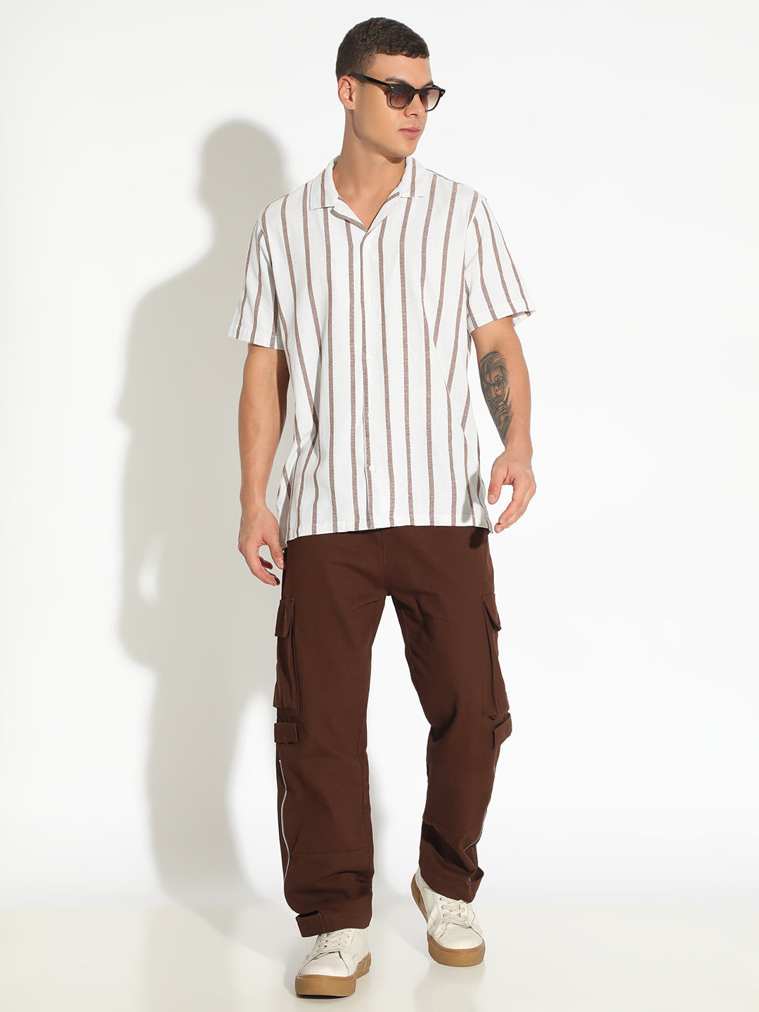 Men's Striped White Cuban Collar Short Sleeves Shirt