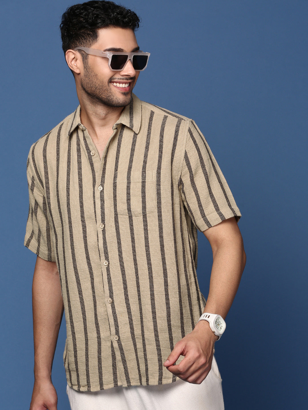 Men Striped Beige Slim Fit Shirt