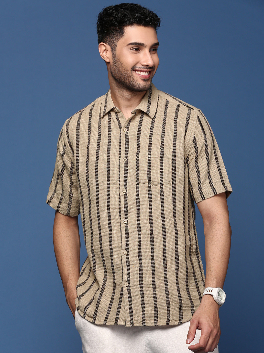 Men Striped Beige Slim Fit Shirt