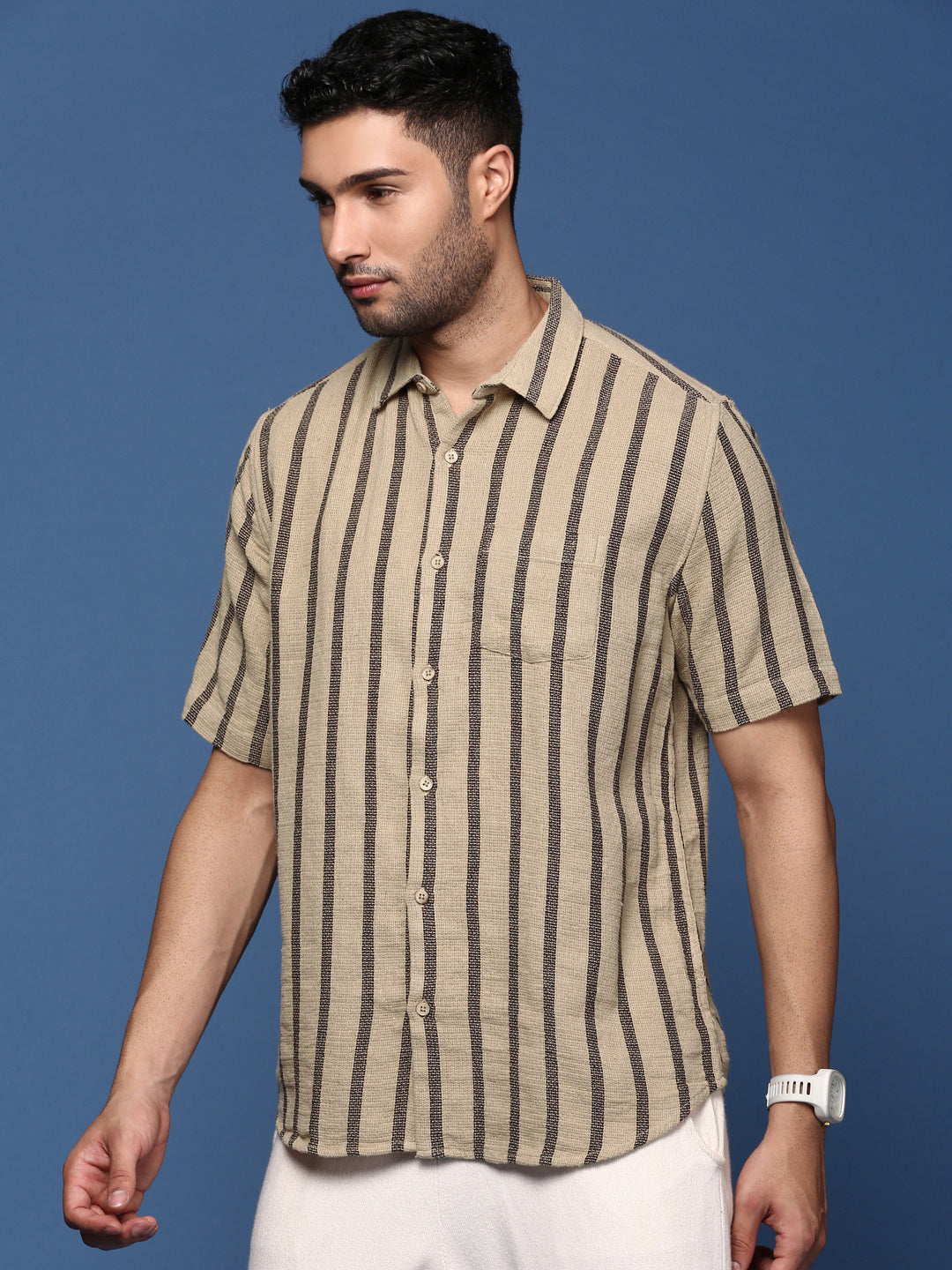 Men Striped Beige Slim Fit Shirt