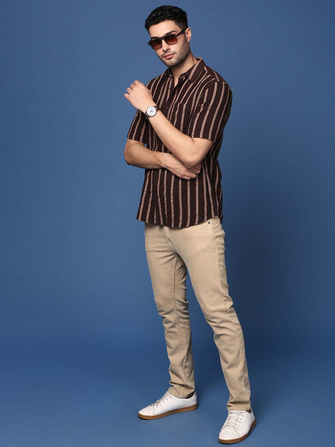 Men Striped Brown Slim Fit Shirt