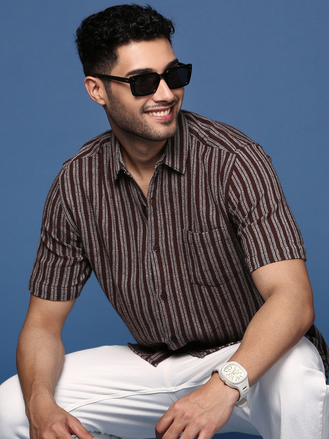 Men Striped Brown Slim Fit Shirt