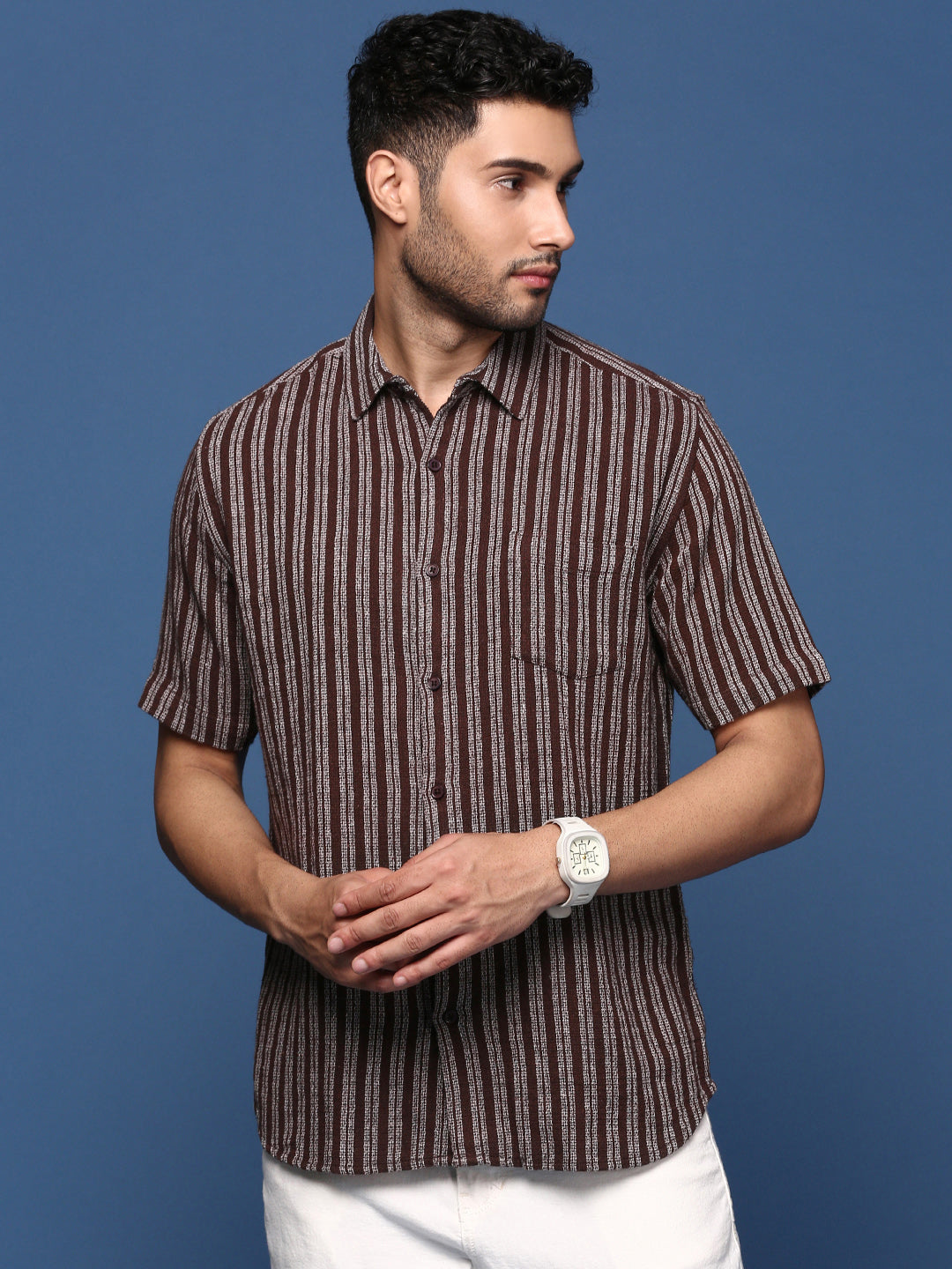 Men Striped Brown Slim Fit Shirt