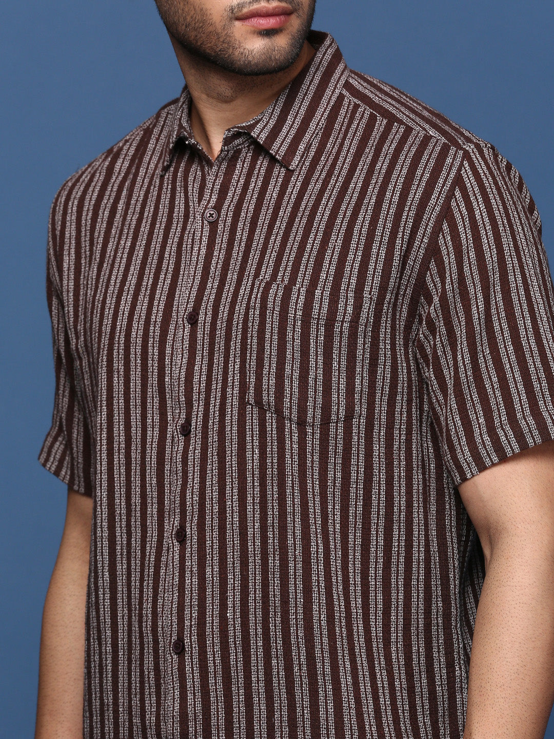 Men Striped Brown Slim Fit Shirt