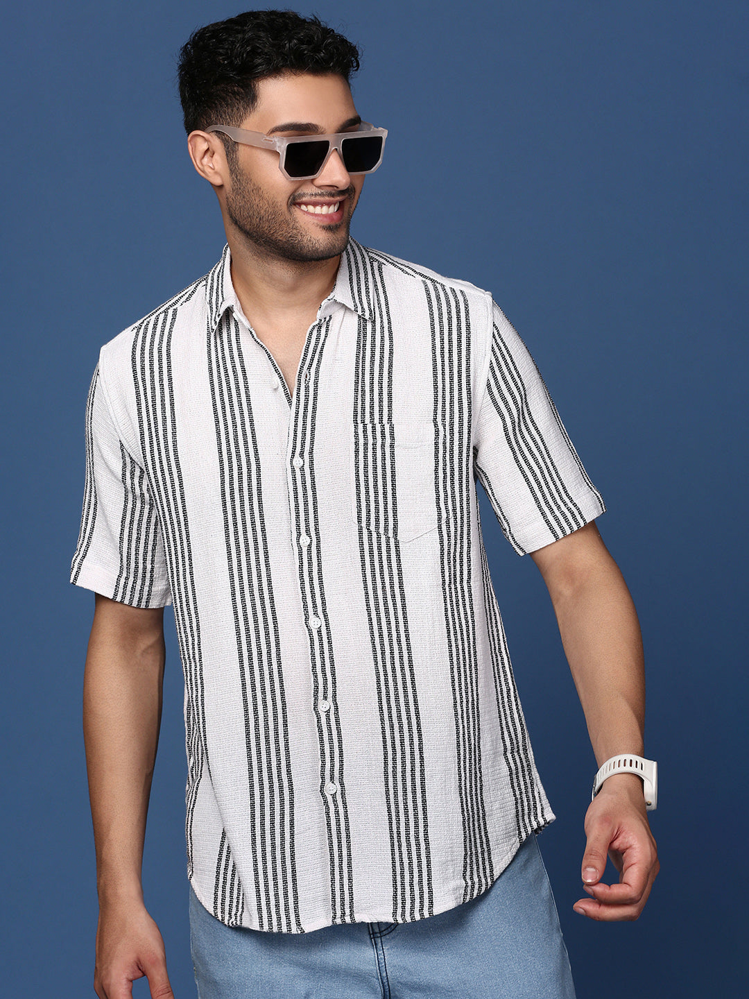 Men Striped White Slim Fit Shirt