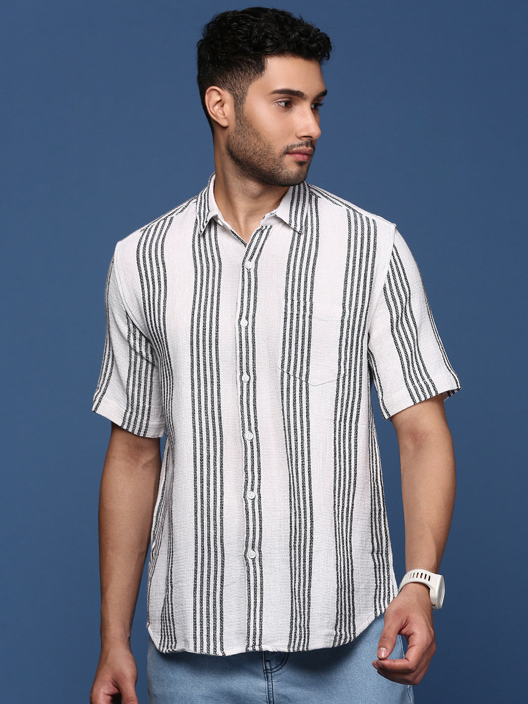 Men Striped White Slim Fit Shirt