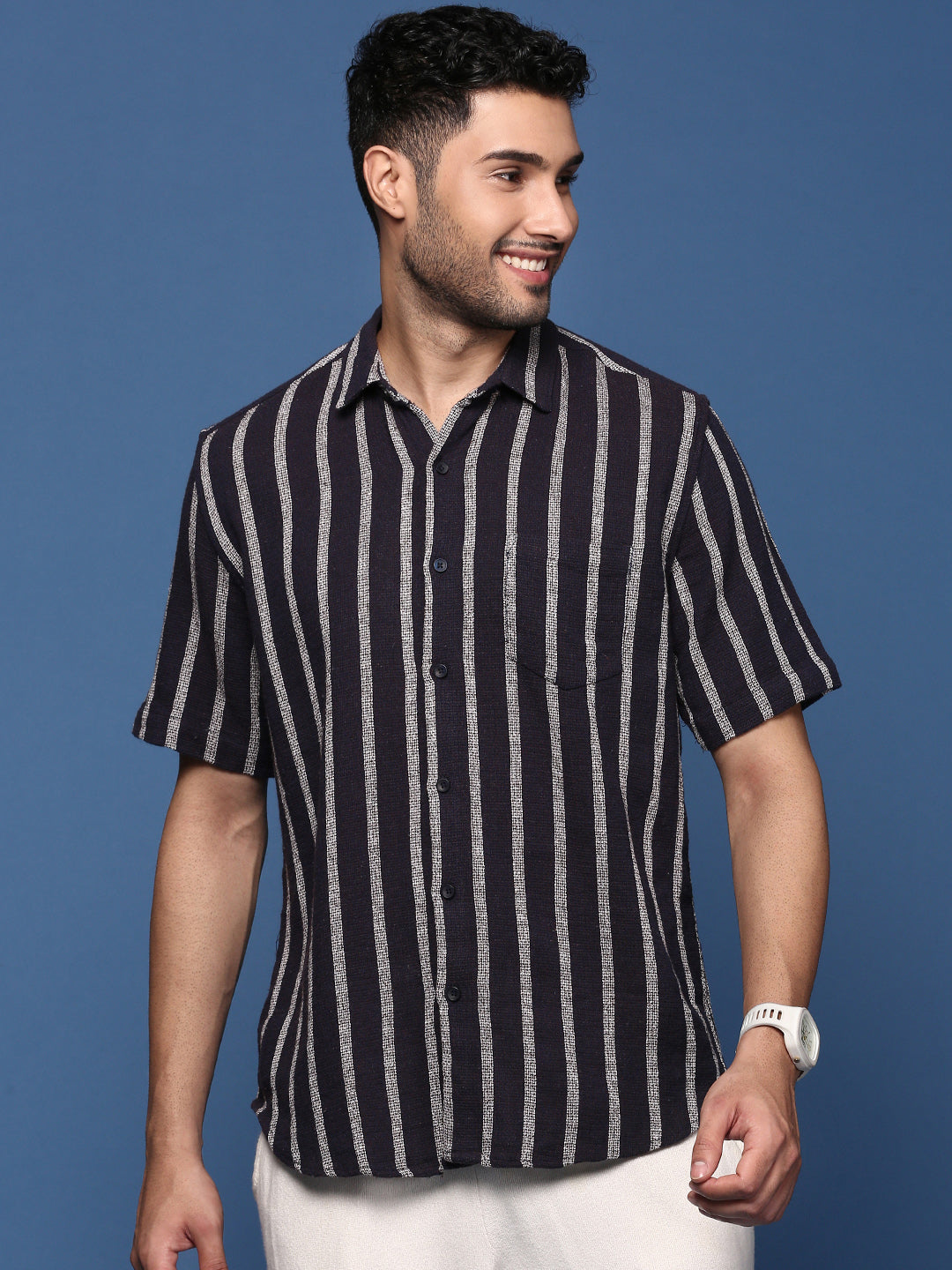 Men Striped Navy Blue Slim Fit Shirt