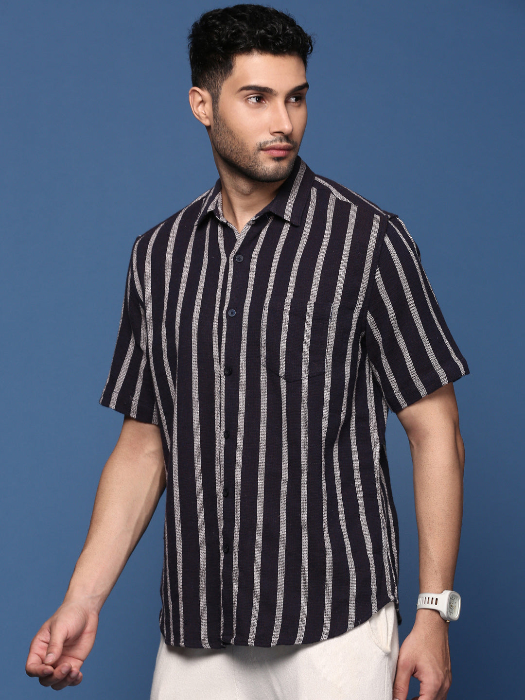 Men Striped Navy Blue Slim Fit Shirt