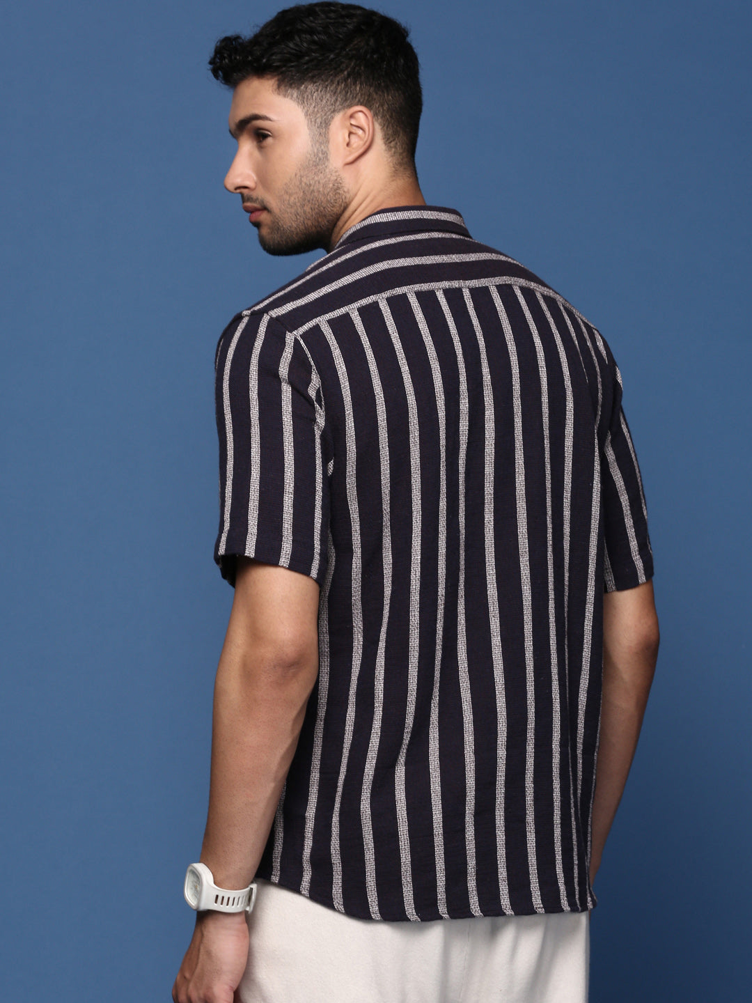 Men Striped Navy Blue Slim Fit Shirt