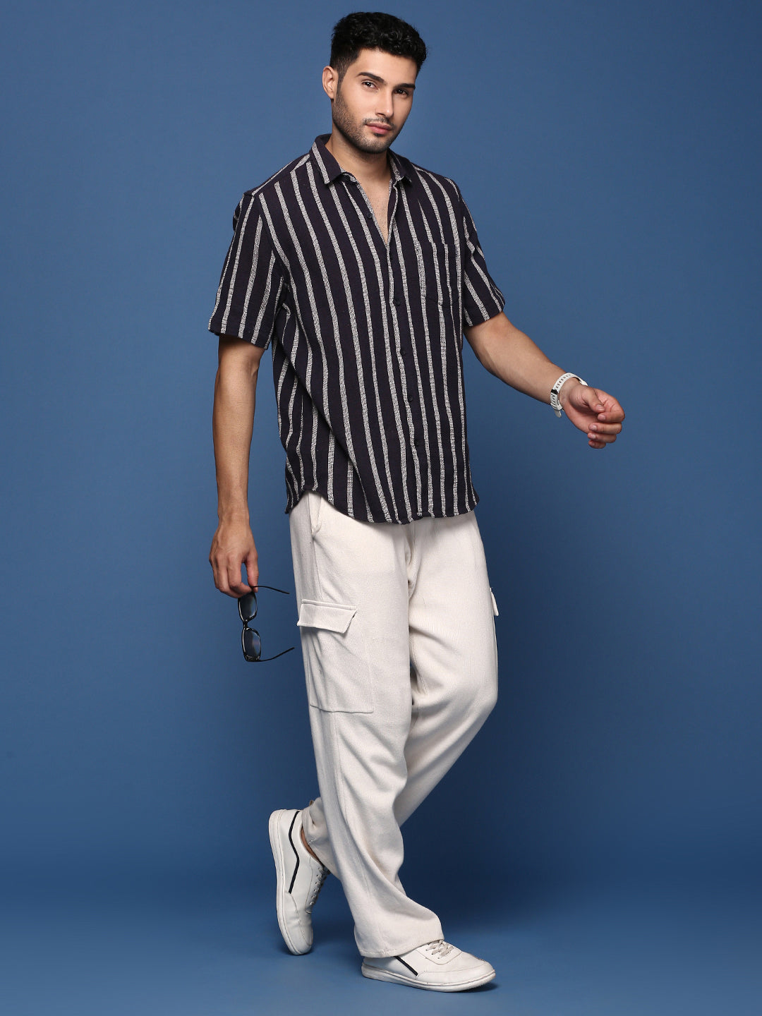 Men Striped Navy Blue Slim Fit Shirt