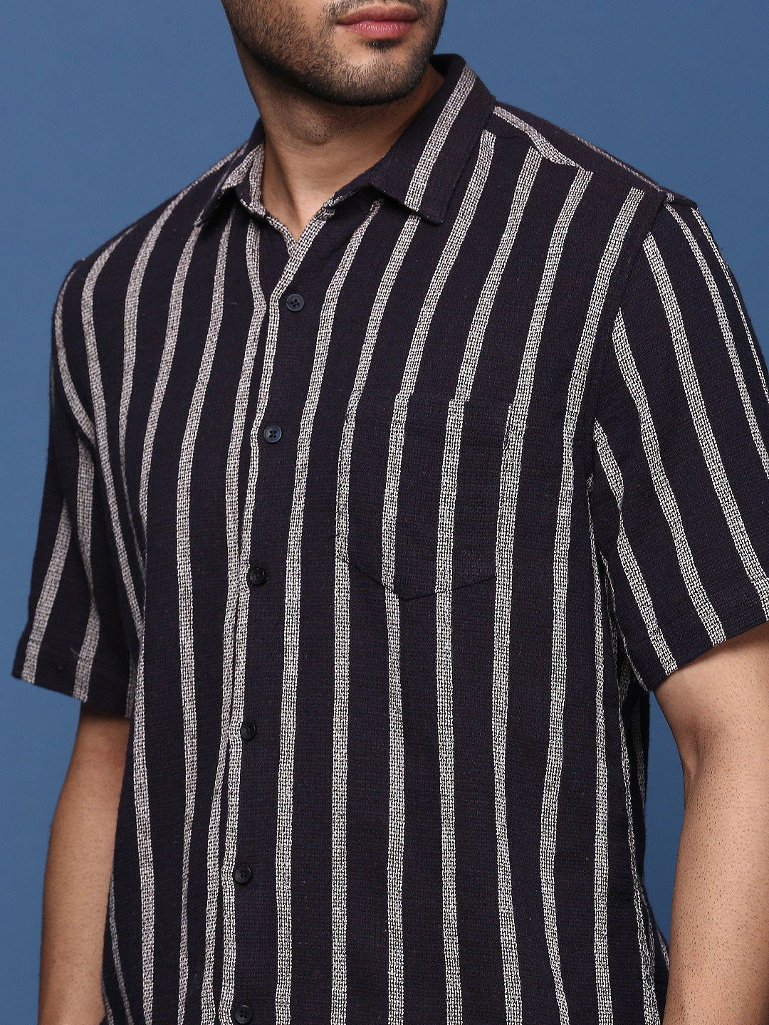 Men Striped Navy Blue Slim Fit Shirt