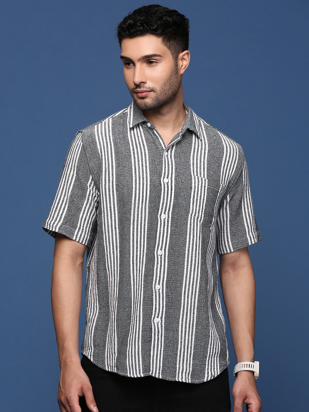 Men Striped Black Slim Fit Shirt