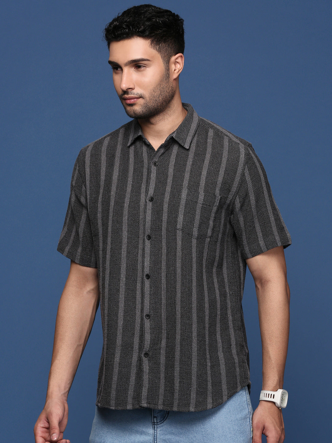 Men Striped Charcoal Slim Fit Shirt