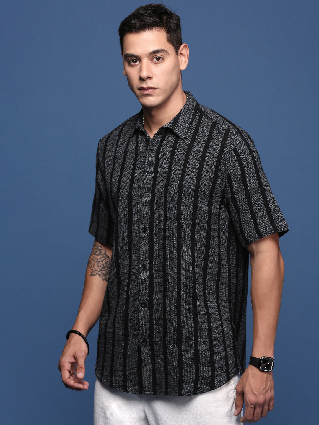 Men Striped Charcoal Slim Fit Shirt