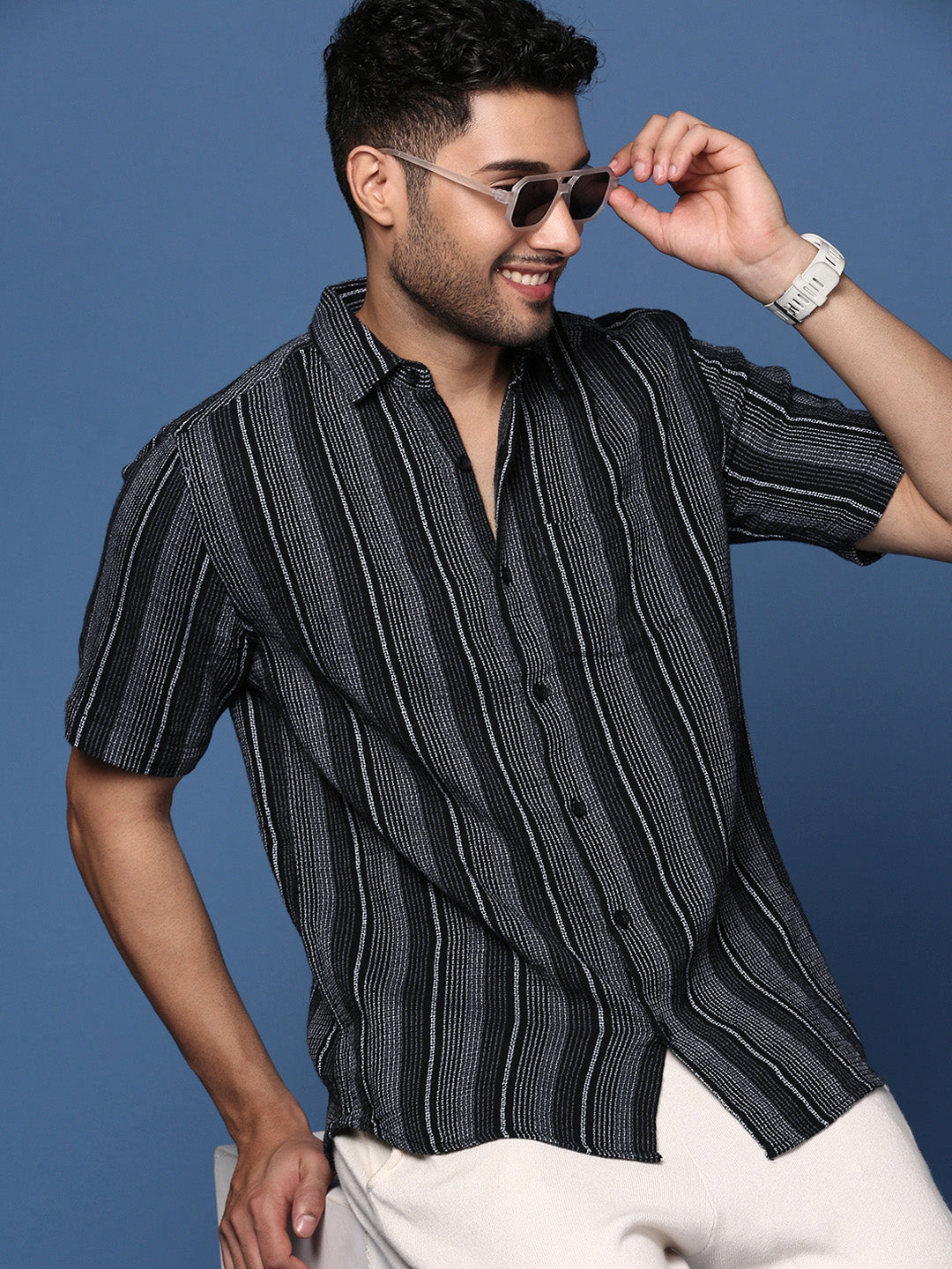 Men Striped Black Slim Fit Shirt