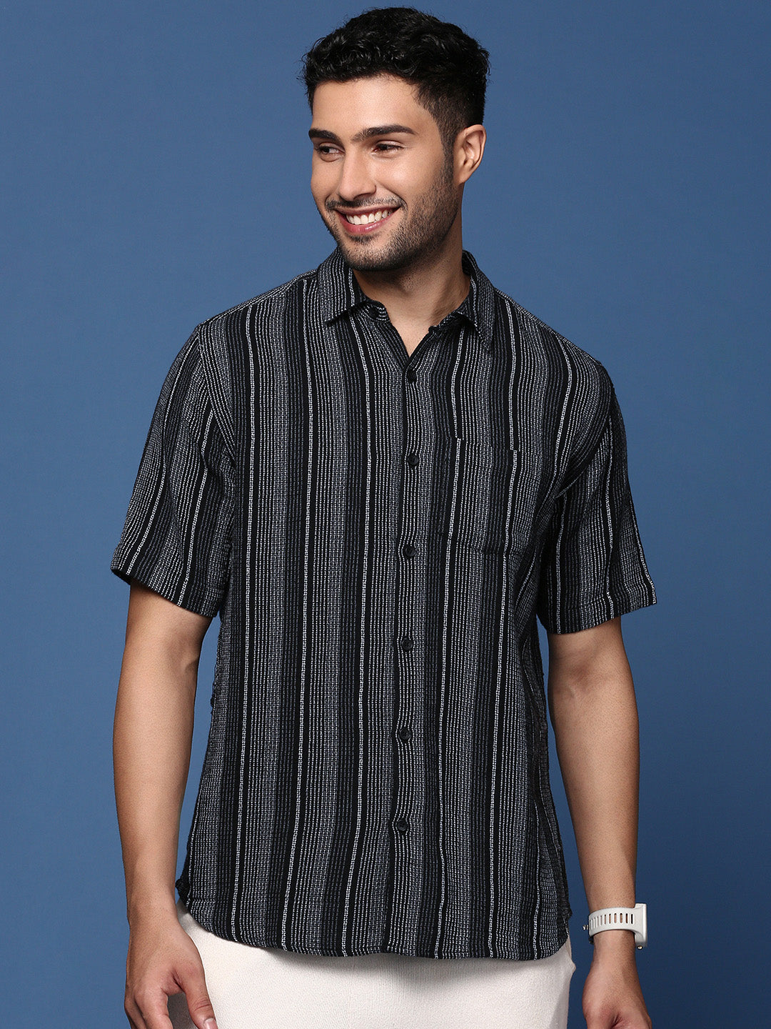 Men Striped Black Slim Fit Shirt