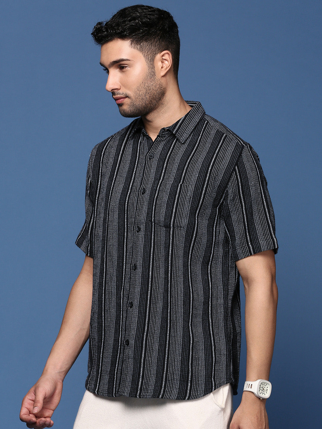 Men Striped Black Slim Fit Shirt