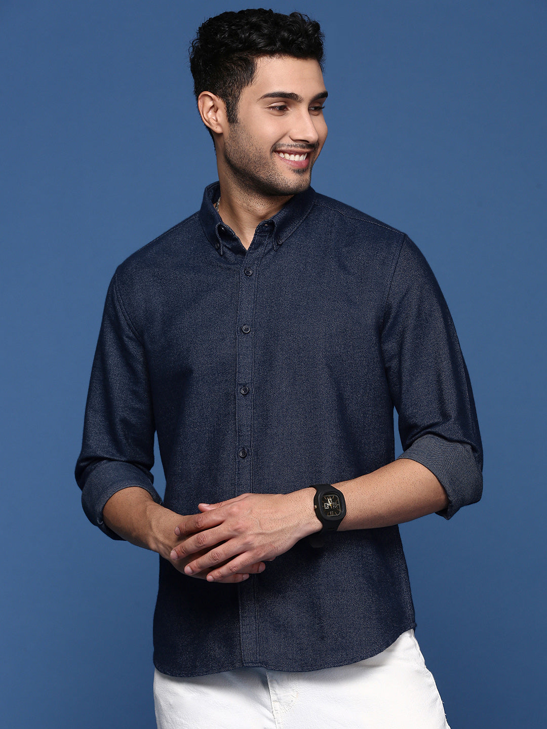 Men Solid Navy Blue Slim Fit Shirt